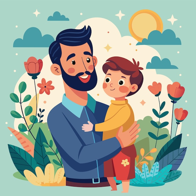 un hombre sosteniendo a un niño en un campo de flores