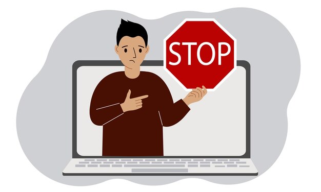 Vector un hombre sosteniendo una señal de parada roja en una pantalla de portátil ataque de virus error de cuenta o eliminación de página