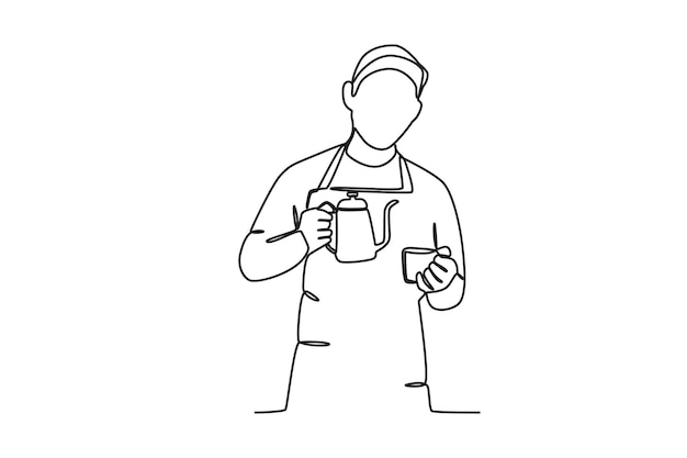 Un hombre sosteniendo una taza de café y una tetera Dibujo de una línea del día internacional del café