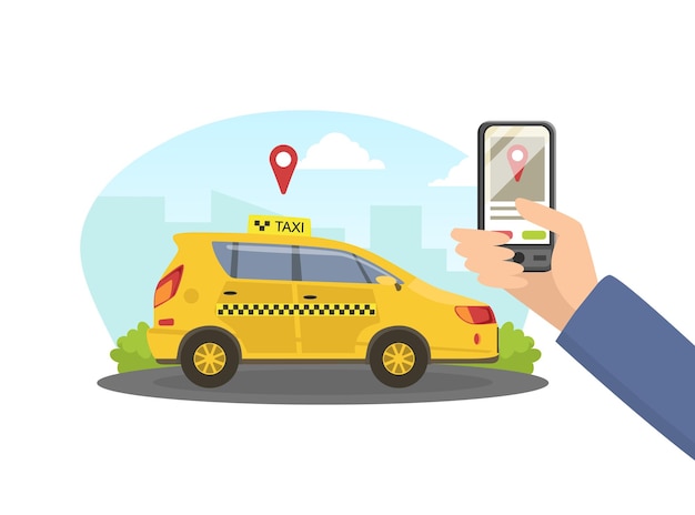 Hombre sosteniendo el teléfono inteligente con la aplicación de servicio de taxi público Ilustración vectorial