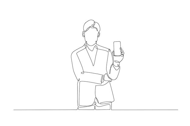 Hombre sosteniendo un teléfono inteligente en una ilustración continua de dibujo de una línea