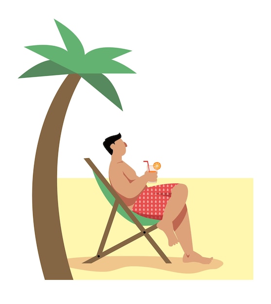 Hombre sosteniendo un vaso con cóctel y descansando en la playa. sentirse feliz al viajar. turismo de aventura y viaje de vacaciones de verano. disfrutando de vacaciones y descanso. ilustración plana vectorial