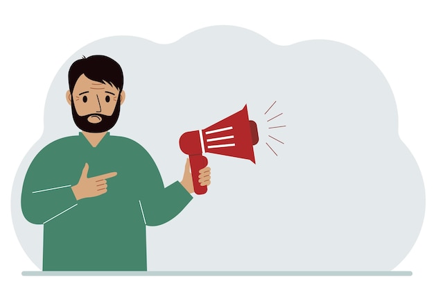 Un hombre sostiene un altavoz o un megáfono en la mano. Gran descuento de venta. Noticias de última hora o nuevo concepto de colección para publicidad o banners web.