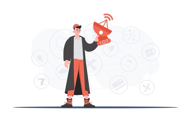 Un hombre sostiene una antena parabólica en sus manos Concepto de Internet de las cosas Bueno para presentaciones, sitios web y tipografía Ilustración vectorial en estilo moderno y plano