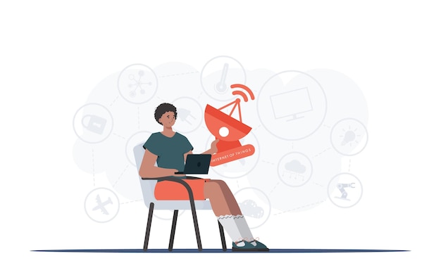 Un hombre sostiene una antena parabólica en sus manos Internet de las cosas y el concepto de automatización Bueno para presentaciones, sitios web y tipografía Estilo plano de moda Ilustración vectorial