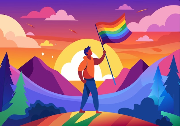 Vector un hombre sostiene una bandera arco iris en un hermoso paisaje