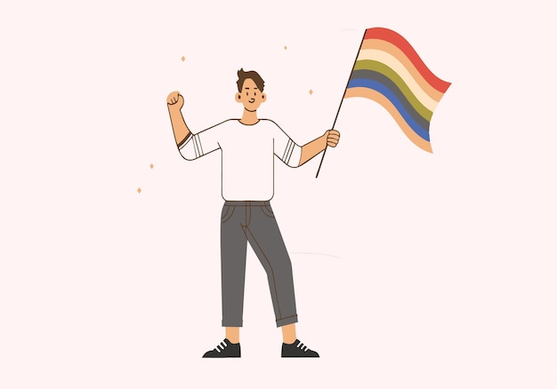 Vector un hombre sostiene una bandera arco iris y está sonriendo