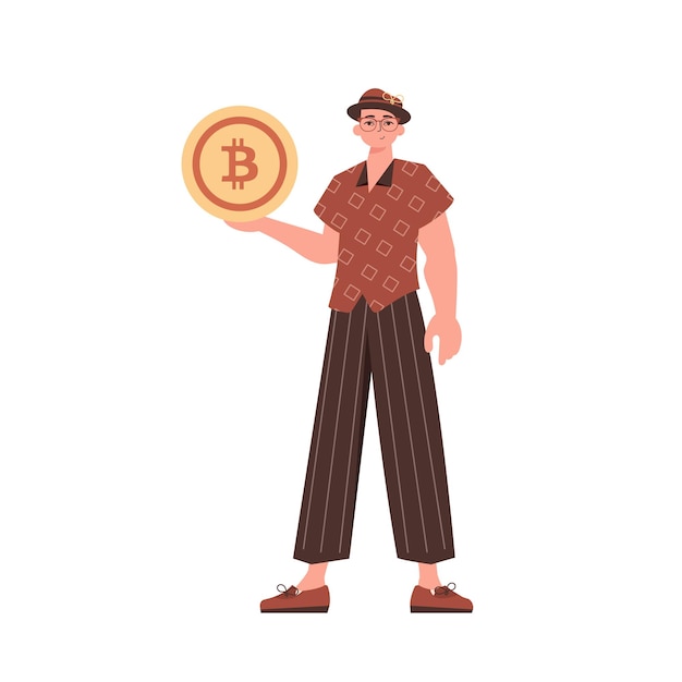 Un hombre sostiene un bitcoin en forma de moneda en sus manos carácter en estilo moderno de moda