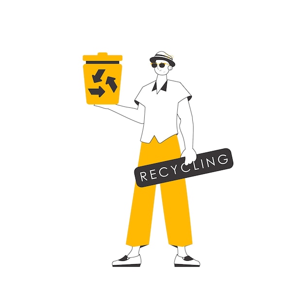 Un hombre sostiene un bote de basura Concepto de reciclaje de residuos Estilo moderno lineal Aislado sobre fondo blanco Ilustración vectorial