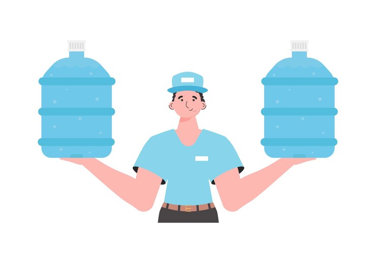 Vector un hombre sostiene una botella de agua concepto de entrega el personaje de estilo de dibujos animados se representa hasta la cintura vector aislado