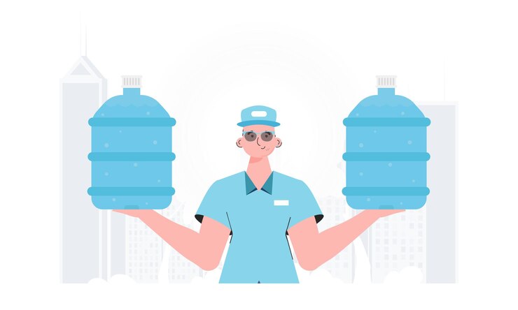Vector un hombre sostiene una botella de agua concepto de entrega el personaje de moda se muestra hasta la cintura vector
