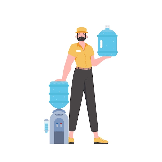 Vector un hombre sostiene una botella de agua concepto de entrega el personaje de moda se representa en pleno crecimiento aislado sobre fondo blanco ilustración vectorial