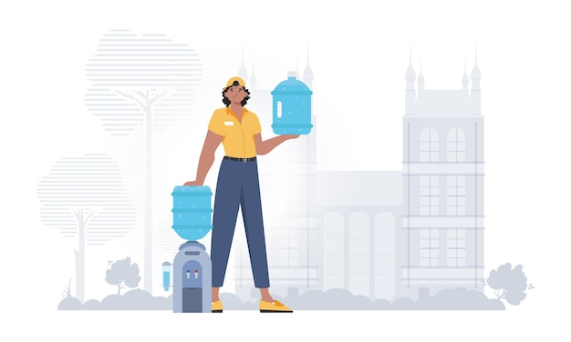 Un hombre sostiene una botella de agua Concepto de entrega El personaje de moda se representa en pleno crecimiento Ilustración vectorial