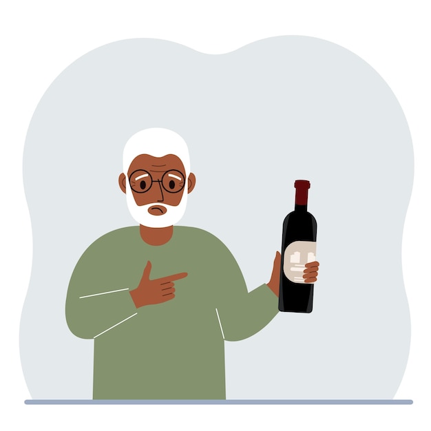 Vector un hombre sostiene una botella de alcohol o vino en la mano hombre triste que sufre de adicción severa al alcohol concepto de abuso de alcoholismo