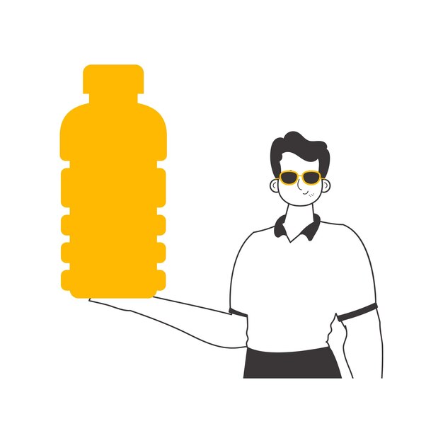 El hombre sostiene una botella en su mano Estilo lineal aislado sobre fondo blanco Ilustración vectorial
