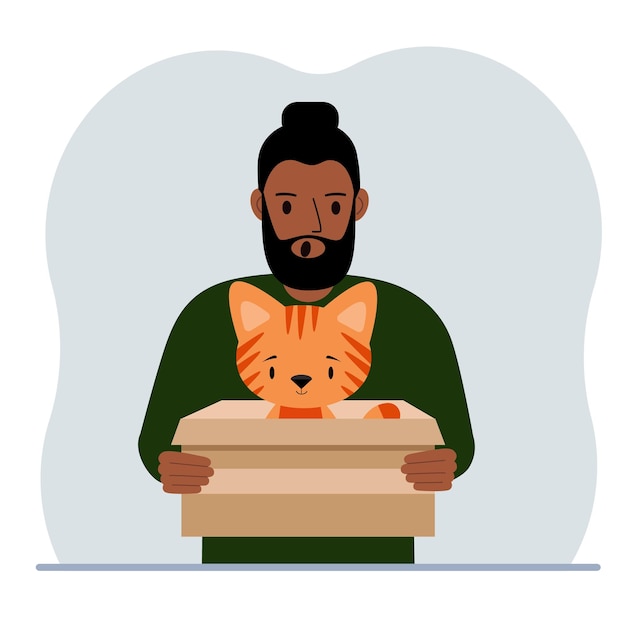 Vector un hombre sostiene una caja de cartón con un hermoso gato jengibre el concepto de ayuda de rescate y cuidado de mascotas