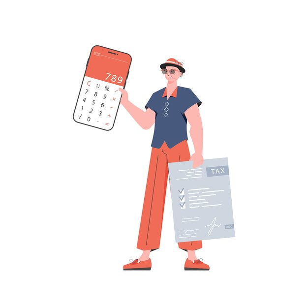 Un hombre sostiene una calculadora y un formulario de impuestos en sus manos aislado sobre fondo blanco ilustración vectorial en un estilo plano