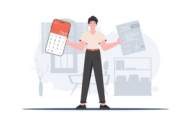 Un hombre sostiene una calculadora y un formulario de impuestos en sus manos El concepto de pago y cálculo de impuestos Ilustración vectorial en un estilo plano