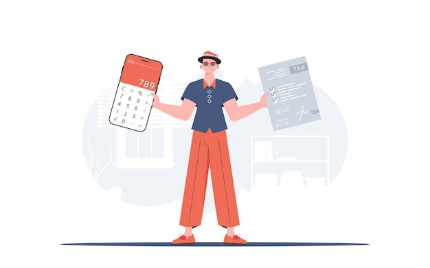 Un hombre sostiene una calculadora y un formulario de impuestos en sus manos El concepto de pago y cálculo de impuestos Ilustración vectorial