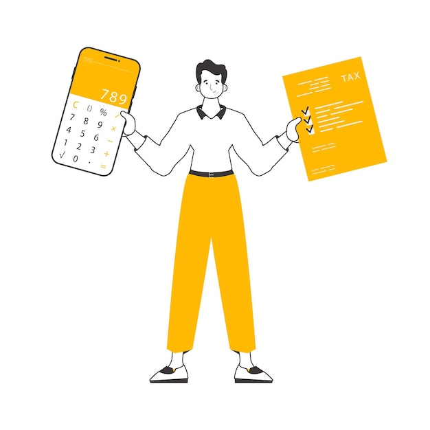Un hombre sostiene una calculadora y un formulario de impuestos en sus manos Ilustración de vector aislado de estilo lineal minimalista