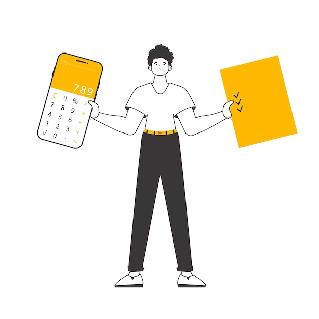 Un hombre sostiene una calculadora y un formulario de impuestos en sus manos Ilustración de vector aislado de estilo lineal minimalista