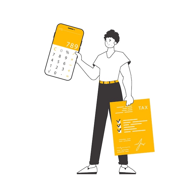 Un hombre sostiene una calculadora y un formulario de impuestos en sus manos Ilustración de vector aislado de estilo lineal moderno
