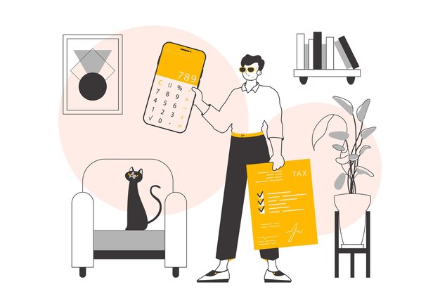 Un hombre sostiene una calculadora Ilustración vectorial de estilo lineal de moda