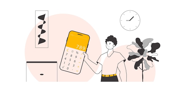 Un hombre sostiene una calculadora Ilustración vectorial de estilo lineal de moda