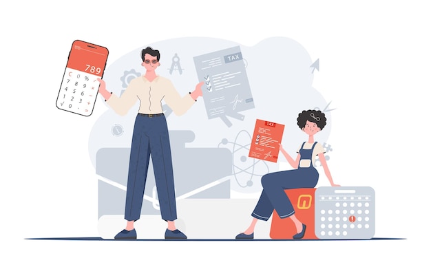 Un hombre sostiene una calculadora en sus manos con una mujer sentada junto a él Elemento de impuestos para presentaciones Ilustración vectorial