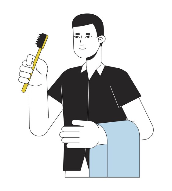 Hombre sostiene cepillo de dientes línea plana color vector carácter
