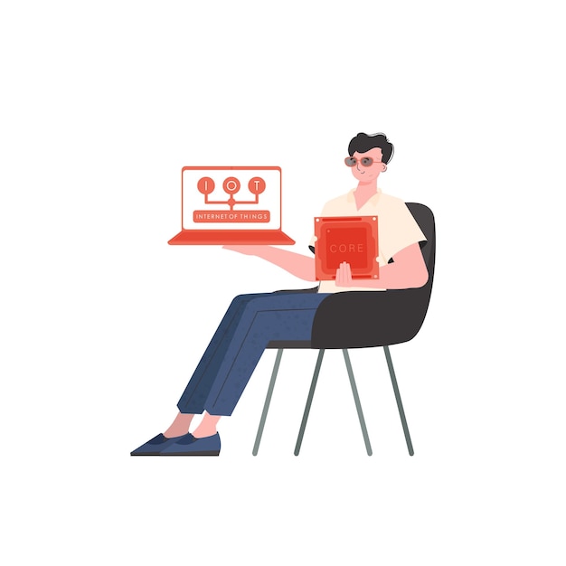 Un hombre sostiene una computadora portátil y un chip de procesador en sus manos Concepto IoT Ilustración vectorial aislada en estilo plano