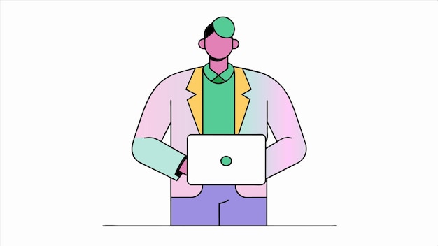 un hombre sostiene una computadora portátil con un logotipo de manzana verde en él