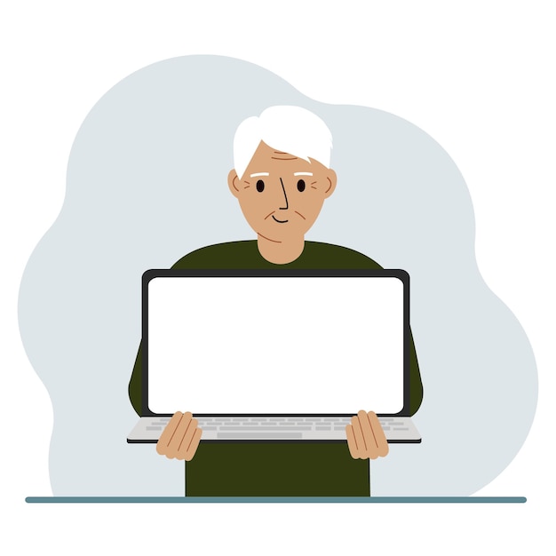 El hombre sostiene una computadora portátil con la pantalla de espaldas a él En la pantalla de la computadora portátil hay un lugar para el texto Concepto de tecnología informática portátil educación en línea trabajo en línea