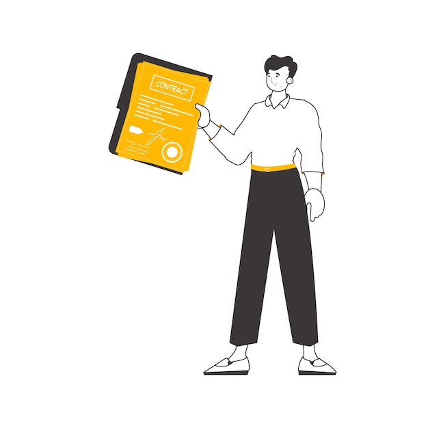 Un hombre sostiene un contrato en sus manos estilo lineal minimalista Ilustración vectorial aislada