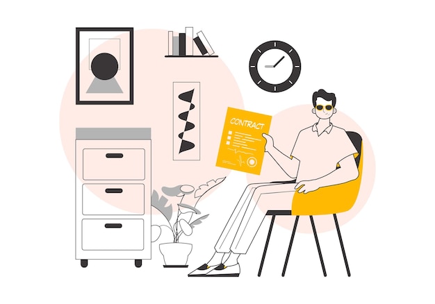 Un hombre sostiene un contrato en sus manos Ilustración vectorial de estilo lineal minimalista