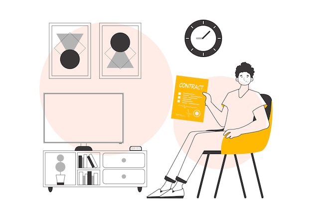 Un hombre sostiene un contrato en sus manos Ilustración vectorial de estilo lineal de moda