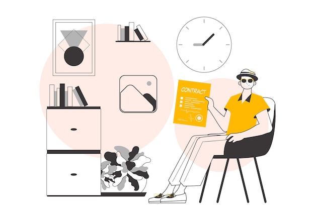 Un hombre sostiene un contrato en sus manos Lineart estilo minimalista Ilustración vectorial