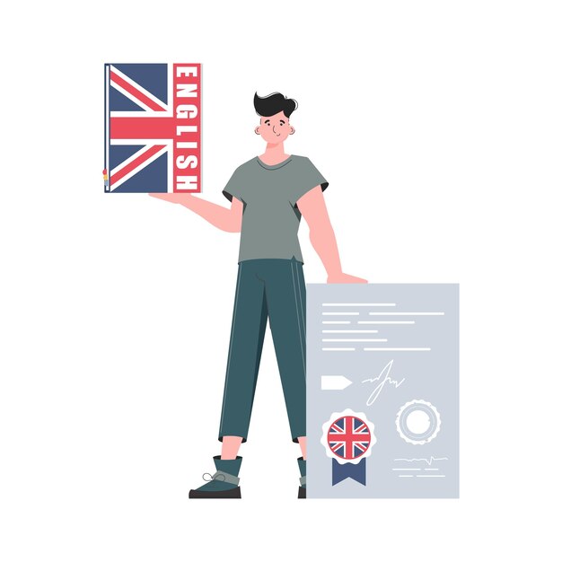 Un hombre sostiene un diccionario de inglés y un certificado en sus manos El concepto de aprender inglés Vector de estilo de moda aislado