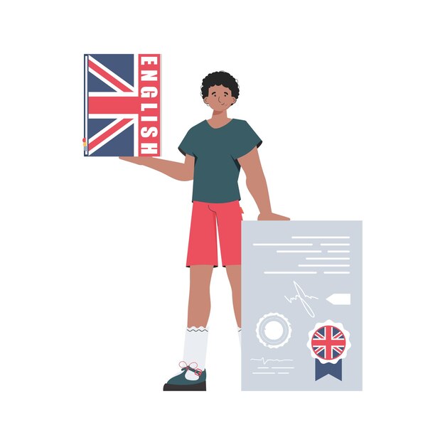 Un hombre sostiene un diccionario de inglés y un certificado en sus manos El concepto de enseñar inglés Vector de estilo de moda aislado