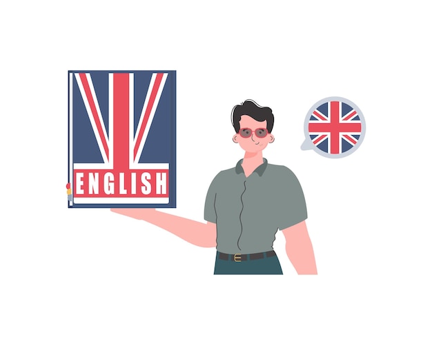 Vector un hombre sostiene un diccionario de inglés en sus manos el concepto de aprender inglés estilo de moda aislado vector