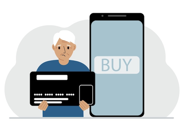Un hombre sostiene una enorme tarjeta de crédito junto a un teléfono inteligente con un botón Comprar en la pantalla El concepto de pagos en línea con pago por teléfono móvil