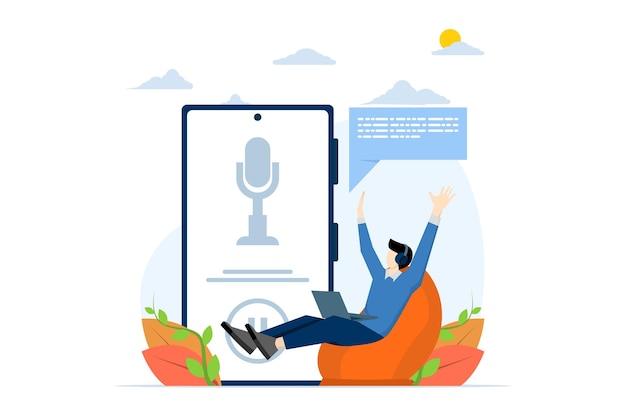 Un hombre sostiene una flecha del cursor y hace clic en un botón de suscripción de podcast en una computadora grande