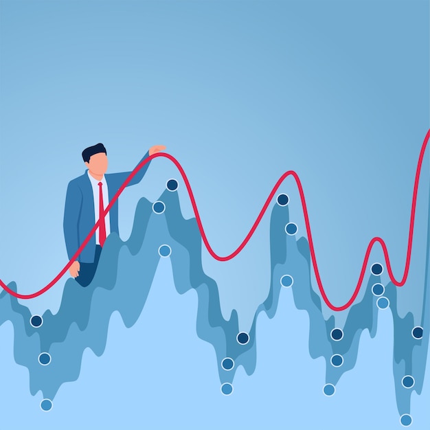 Un hombre sostiene un gráfico de acciones que sube y baja una ilustración de la volatilidad