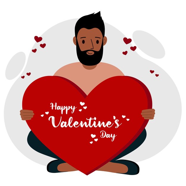 Vector un hombre sostiene un gran corazón rojo con felicitaciones por el día de san valentín