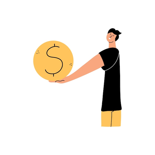 Un hombre sostiene una gran moneda de un dólar dorado en la mano El concepto de éxito en la riqueza Ilustración vectorial en un estilo plano