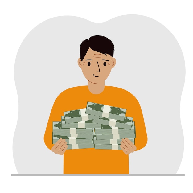 Un hombre sostiene una gran pila de papel moneda.