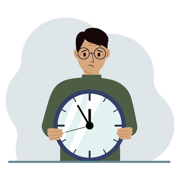 El hombre sostiene un gran reloj en sus manos Organización de la planificación de la gestión del tiempo del tiempo de trabajo fecha límite comercial efectiva