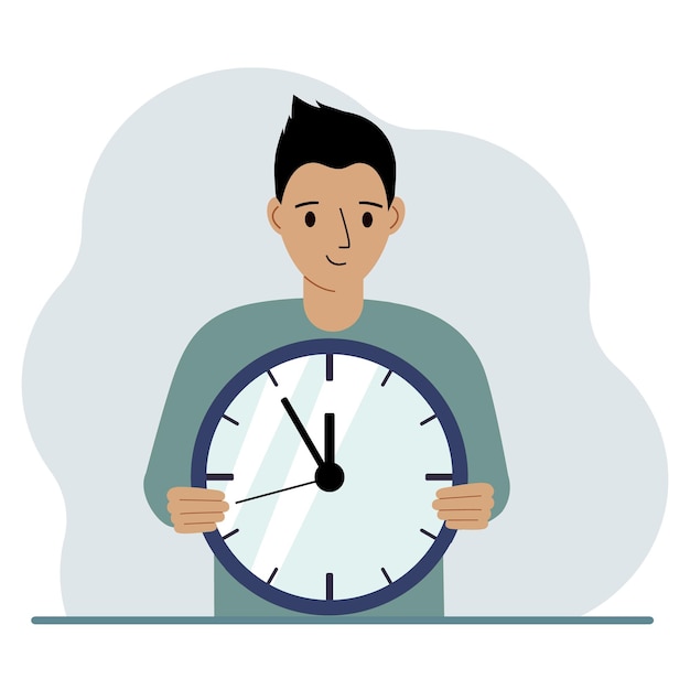 El hombre sostiene un gran reloj en sus manos Organización de la planificación de la gestión del tiempo del tiempo de trabajo fecha límite comercial efectiva