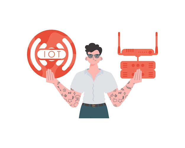 Un hombre sostiene un icono de Internet en sus manos Concepto IoT de enrutador y servidor Ilustración vectorial aislada