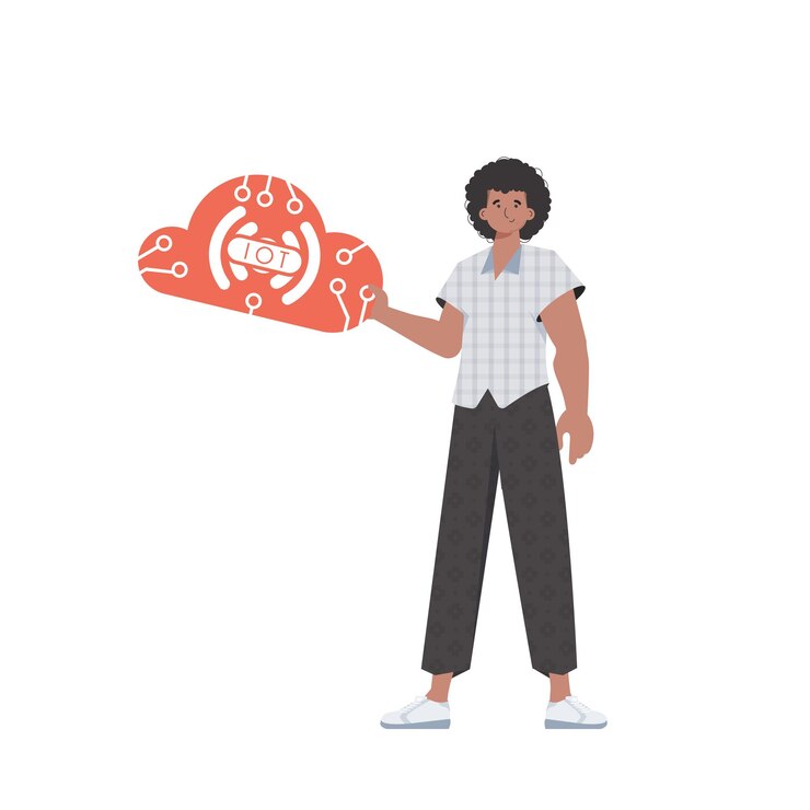 Vector un hombre sostiene un icono de iot en sus manos internet de las cosas y el concepto de automatización vector aislado